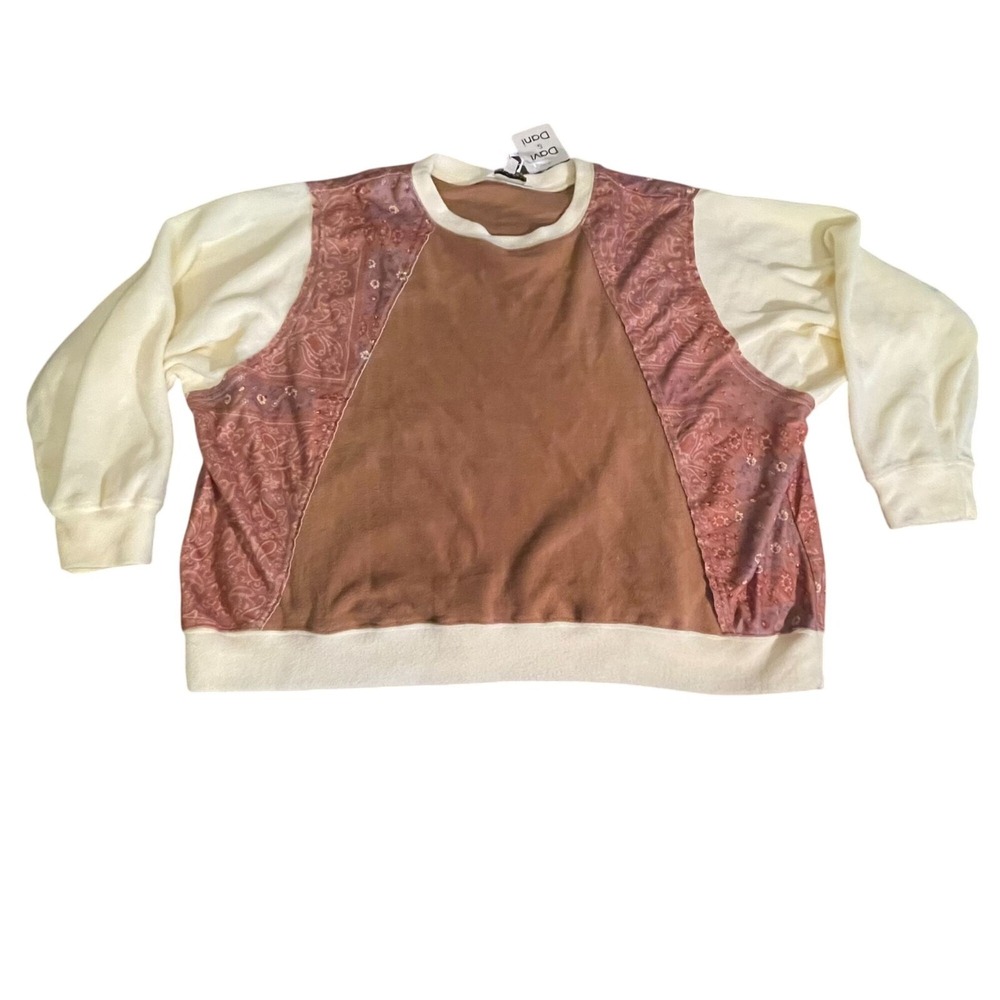 Davi &‎ Dani womens Patchwork Velvet Sweatshirt L Beige Pink & Cream Fleece
